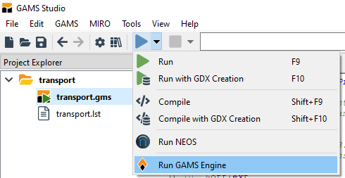 Run GAMS Engine menu